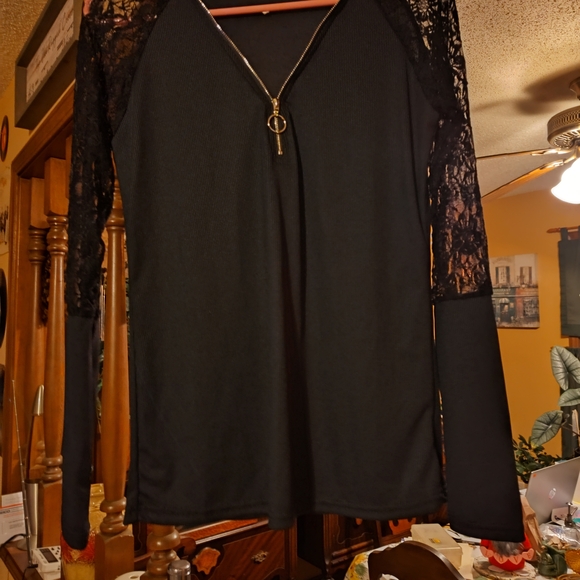 Tops - Black Lace Sleeve V-Neck Top with Zip Detail